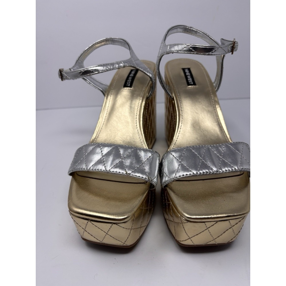 Nine West Nila Silver Buckle Closure Squared Open Toe Platform Wedge Sandal 10M - Picture 2 of 7